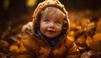 sonriente caucásico niñito jugando en otoño bosque, disfrutando naturaleza belleza generado por ai foto