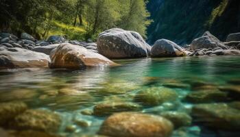 Tranquil scene of a mountain range reflected in a pond generated by AI photo