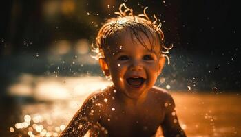 uno linda niño sonriente, salpicaduras en mojado verano agua divertido generado por ai foto