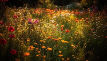 Vibrant wildflowers bloom in tranquil meadow at sunset, showcasing nature beauty generated by AI photo