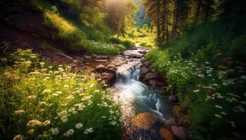 Tranquil scene of natural beauty, flowing water in autumn mountains generated by AI photo