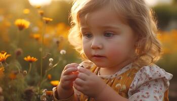 Cute Caucasian toddler smiling, holding yellow flower in green meadow generated by AI photo