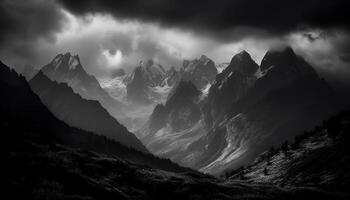 Tranquil mountain meadow, majestic peak, dramatic sky, serene wilderness adventure generated by AI photo