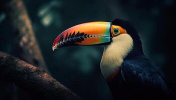 Toucan perching on branch, vibrant feathers in tropical forest generated by AI photo