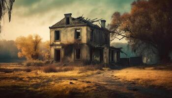 Spooky old ruin, abandoned and run down, a horror mystery generated by AI photo