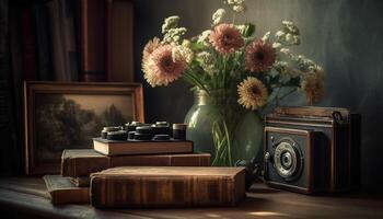 antiguo estante para libros con antiguo pasado de moda libros y florero en rústico mesa generado por ai foto