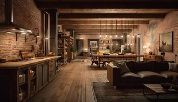 Modern rustic elegance inside a luxurious loft apartment with comfortable furnishings generated by AI photo
