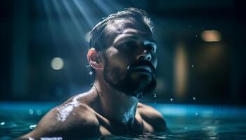 Muscular Caucasian athlete exercising in illuminated swimming pool, underwater reflection generated by AI photo