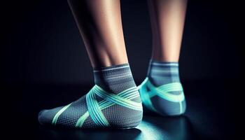 Blue striped sock on elegant woman leg, standing indoors generated by AI photo