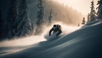 Men snowboard with speed and skill, enjoying winter freedom generated by AI photo