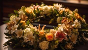 Ornate bouquet of multi colored flowers brings elegance to wedding celebration generated by AI photo