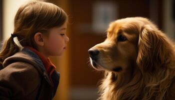 Cute girl playing with adorable puppy, a golden retriever outdoors generated by AI photo