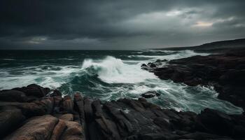 Rough seas crash against rocky coastline at dusk, dramatic beauty generated by AI photo