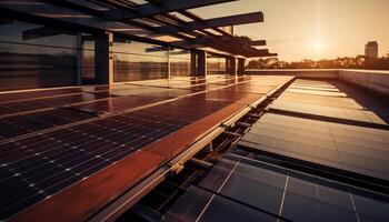 Sunlight reflects on modern architecture with solar panels in a row generated by AI photo