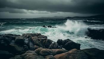 Dramatic sky over rough waters, waves breaking on rocky coastline generated by AI photo