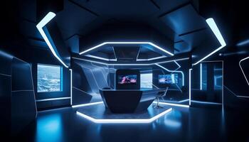 Futuristic design of modern domestic room with neon lighting equipment generated by AI photo