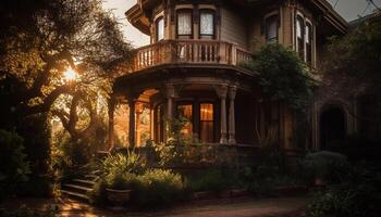 Illuminated old architecture reflects on tranquil dusk, nature decoration generated by AI photo