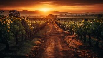 Ripe grape vineyard in idyllic Italian landscape at dawn generated by AI photo