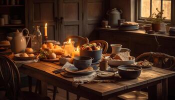 Rustic homemade meal on wooden table with autumn pumpkin decoration generated by AI photo