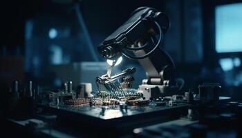 Robotic arm soldering electrical components on complex circuit board indoors generated by AI photo