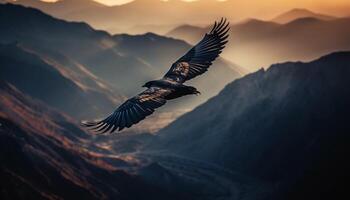 Majestic hawk soars high above tranquil mountain landscape at sunset generated by AI photo