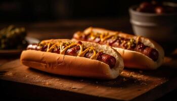 A la parrilla carne de vaca caliente perro en rústico bollo con salsa de tomate y papas fritas generado por ai foto