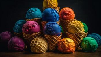 Multi colored ice cream balls on cones, a gourmet indulgence generated by AI photo