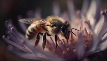 Busy honey bee collecting pollen from a yellow flower petal generated by AI photo