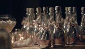 A row of alcohol bottles in a glass collection, indoors generated by AI photo