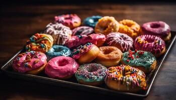 Multi colored gourmet doughnut with chocolate icing on rustic wood table generated by AI photo