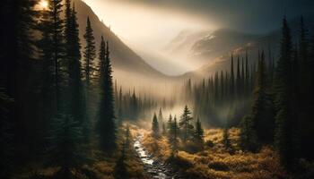 Tranquil scene of coniferous trees in the wilderness area during winter generated by AI photo