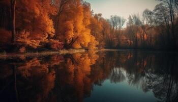 Tranquil autumn forest reflects vibrant colors in the tranquil lake generated by AI photo