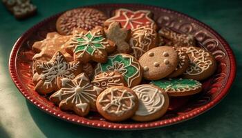 Homemade gingerbread cookies with icing and candy decoration on plate generated by AI photo