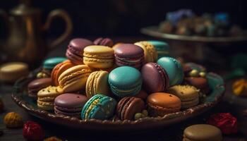 French gourmet dessert a colorful macaroon stack with raspberry decoration generated by AI photo