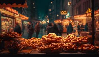 Nighttime street food vendors sell unhealthy snacks to tourists in Istanbul generated by AI photo