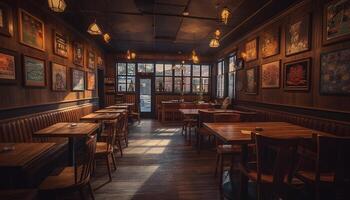 Modern rustic dining room with wooden flooring and elegant decor generated by AI photo