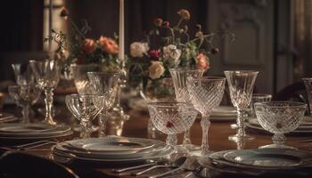 lujo banquete con elegante decoración, cristal vino lentes y cubiertos generado por ai foto