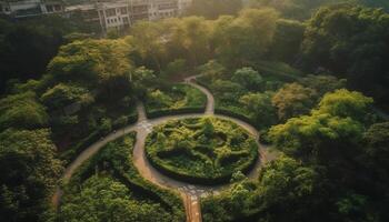 idílico puesta de sol prado, con verde follaje y hombre hecho puente generado por ai foto