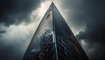 Modern skyscraper facade reflects moody city life in dramatic dusk generated by AI photo