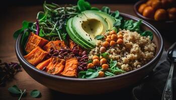 Fresh vegetarian salad bowl with organic carrot, tomato, and quinoa generated by AI photo