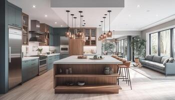 Modern design in luxurious domestic kitchen with elegant wood material generated by AI photo