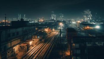 oscuro ciudad horizonte iluminado por transporte y industria contaminación generado por ai foto