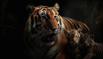 Majestic tiger staring with aggression in tropical rainforest portrait generated by AI photo