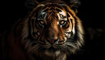 Close up portrait of majestic Bengal tiger staring fiercely outdoors generated by AI photo