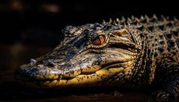 Crocodile head, teeth and eye in close up, dangerous predator generated by AI photo