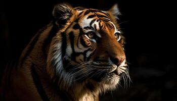 Endangered Bengal tiger staring with aggression in tropical rainforest portrait generated by AI photo