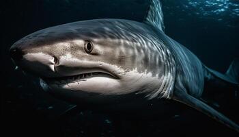 Majestic mammal smiling, close up portrait of dolphin teeth underwater generated by AI photo