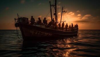 Sailing ship silhouette backlit by sunset on tranquil water generated by AI photo