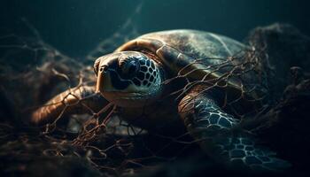 Slow moving sea turtle crawls through tropical reef, surrounded by beauty generated by AI photo