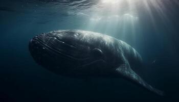majestuoso jorobado ballena nadando en profundo azul submarino aventuras generado por ai foto
